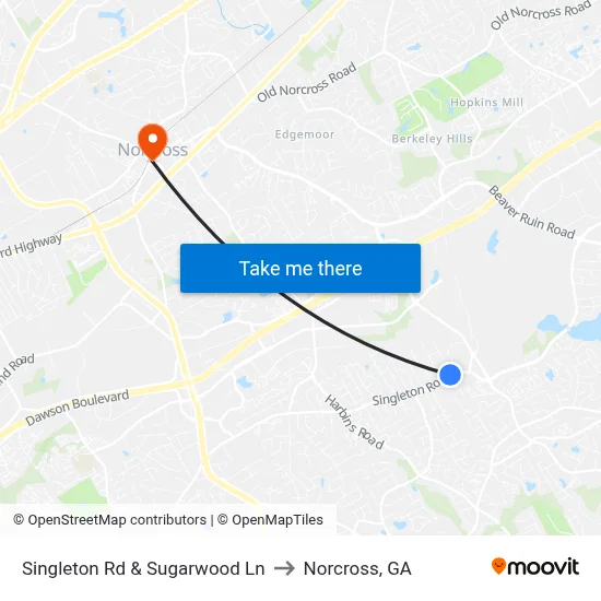 Singleton Rd & Sugarwood Ln to Norcross, GA map