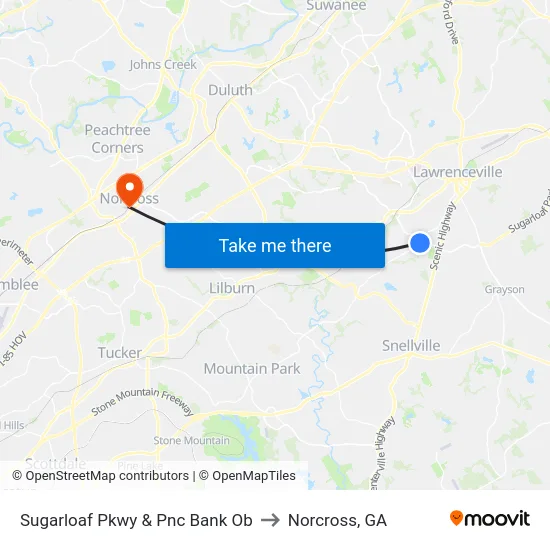 Sugarloaf Pkwy & Pnc Bank Ob to Norcross, GA map