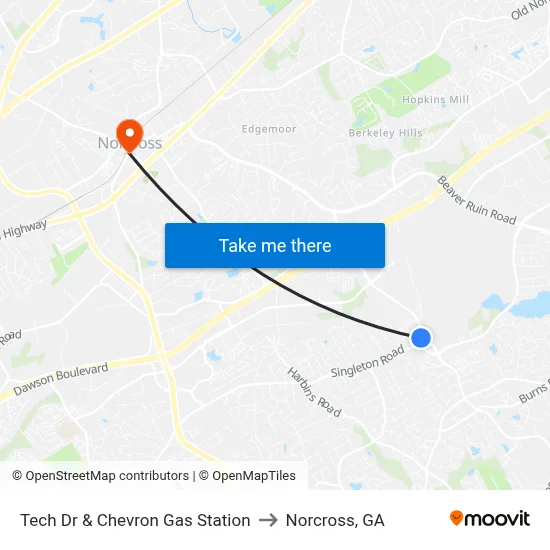 Tech Dr & Chevron Gas Station to Norcross, GA map
