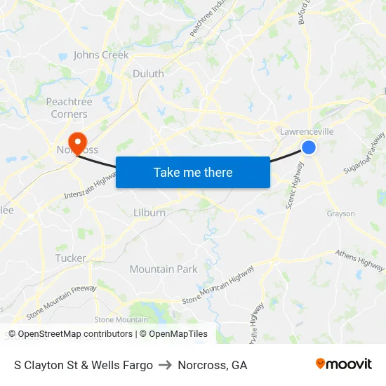 S Clayton St & Wells Fargo to Norcross, GA map
