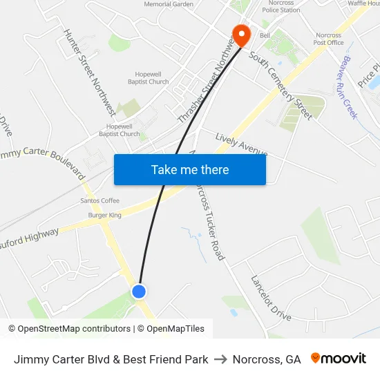 Jimmy Carter Blvd & Best Friend Park to Norcross, GA map