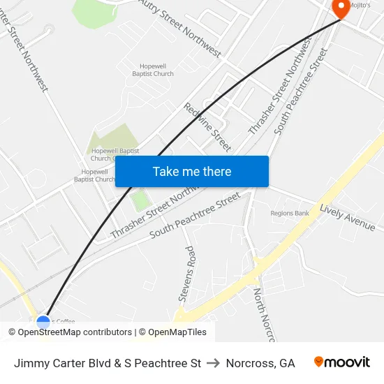 Jimmy Carter Blvd & S Peachtree St to Norcross, GA map