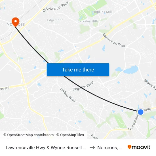 Lawrenceville Hwy & Wynne Russell Dr to Norcross, GA map