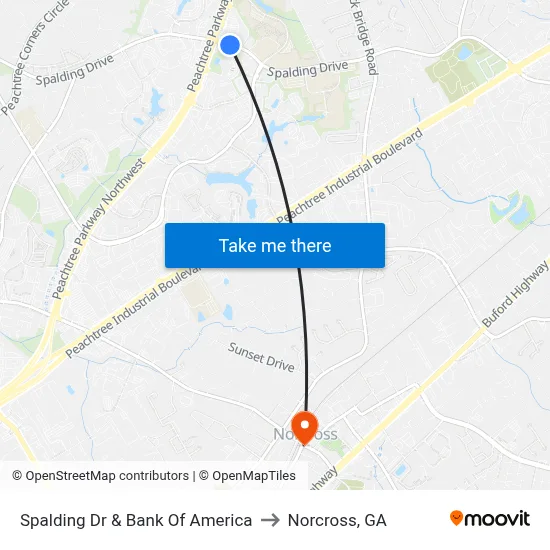 Spalding Dr & Bank Of America to Norcross, GA map