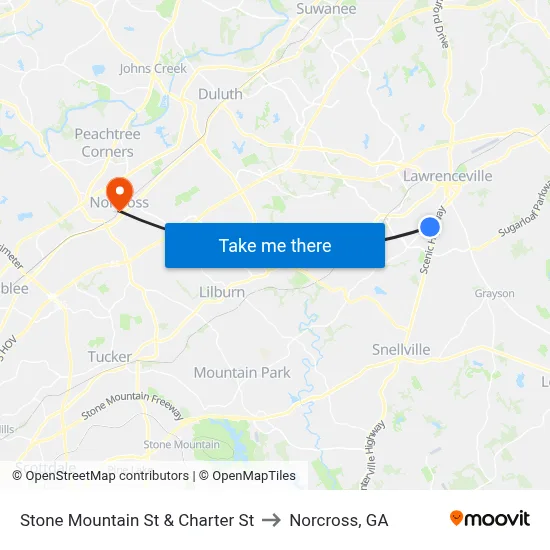 Stone Mountain St & Charter St to Norcross, GA map