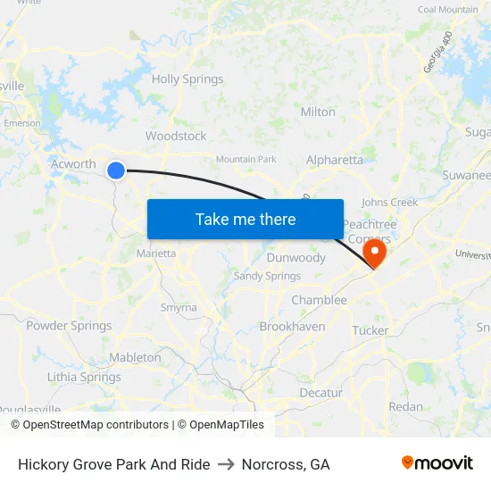Hickory Grove Park And Ride to Norcross, GA map