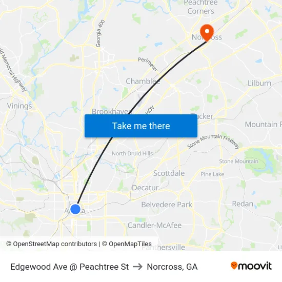 Edgewood Ave @ Peachtree St to Norcross, GA map