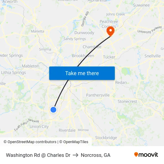 Washington Rd @ Charles Dr to Norcross, GA map