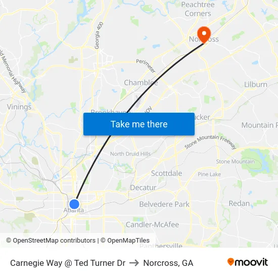 Carnegie Way @ Ted Turner Dr to Norcross, GA map