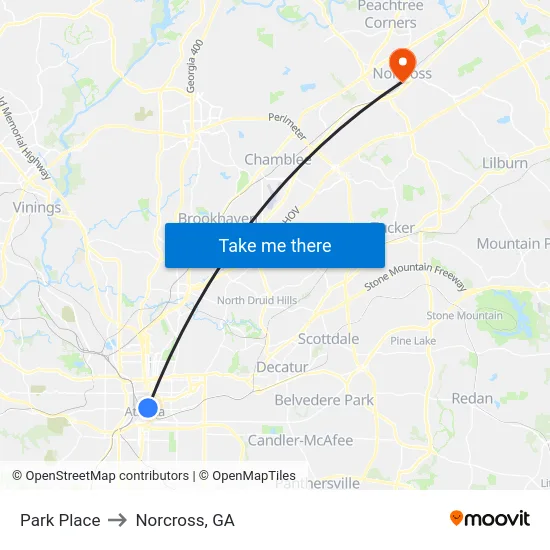 Park Place to Norcross, GA map