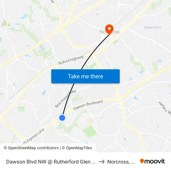 Dawson Blvd NW @ Rutherford Glen Cir to Norcross, GA map