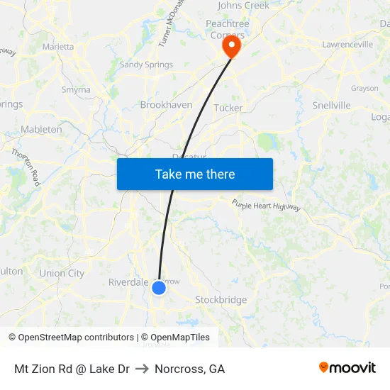 Mt Zion Rd @ Lake Dr to Norcross, GA map