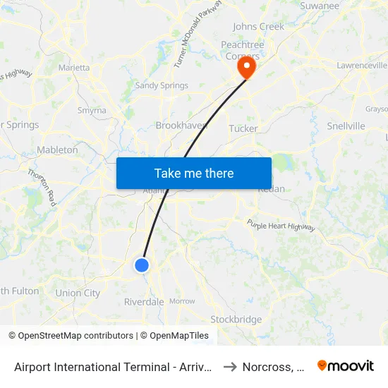 Airport International Terminal - Arrivals to Norcross, GA map