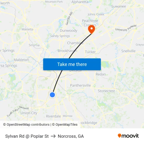 Sylvan Rd @ Poplar St to Norcross, GA map