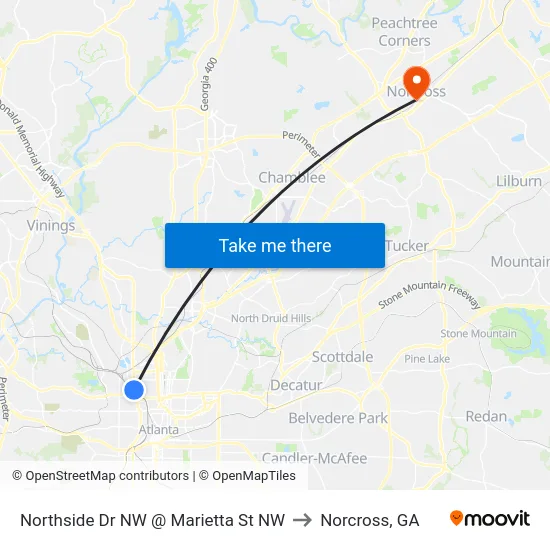 Northside Dr NW @ Marietta St NW to Norcross, GA map