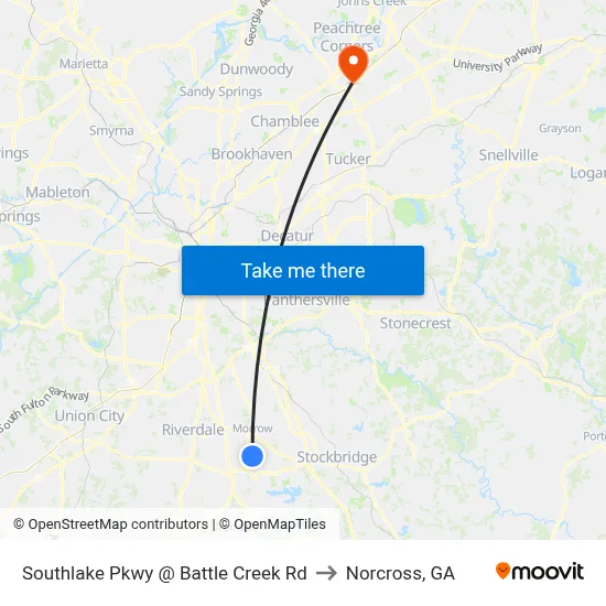 Southlake Pkwy @ Battle Creek Rd to Norcross, GA map