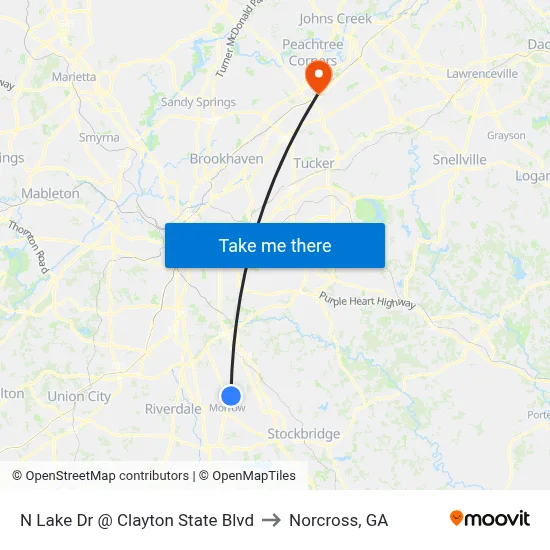 N Lake Dr @ Clayton State Blvd to Norcross, GA map