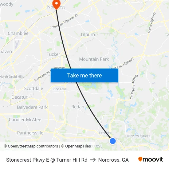 Stonecrest Pkwy E @ Turner Hill Rd to Norcross, GA map