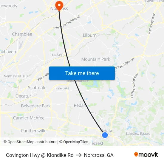 Covington Hwy @ Klondike Rd to Norcross, GA map