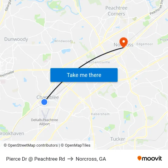 Pierce Dr @ Peachtree Rd to Norcross, GA map