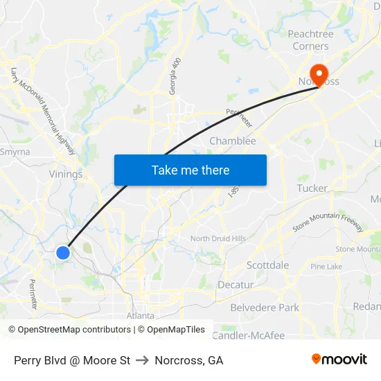 Perry Blvd @ Moore St to Norcross, GA map