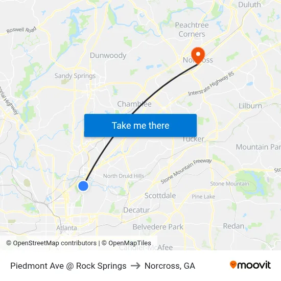 Piedmont Ave @ Rock Springs to Norcross, GA map