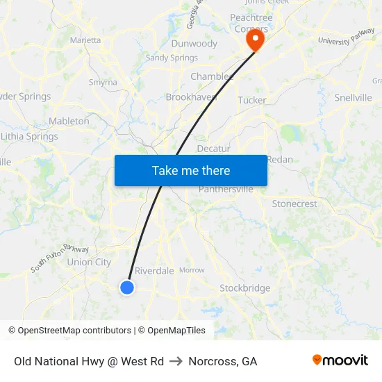 Old National Hwy @ West Rd to Norcross, GA map