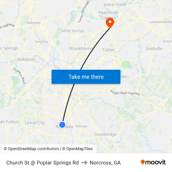 Church St @ Poplar Springs Rd to Norcross, GA map