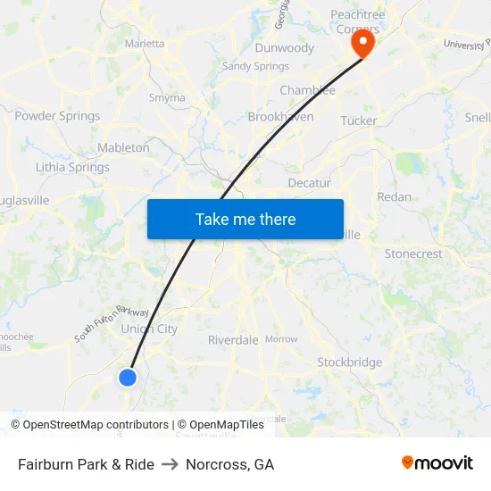 Fairburn Park & Ride to Norcross, GA map