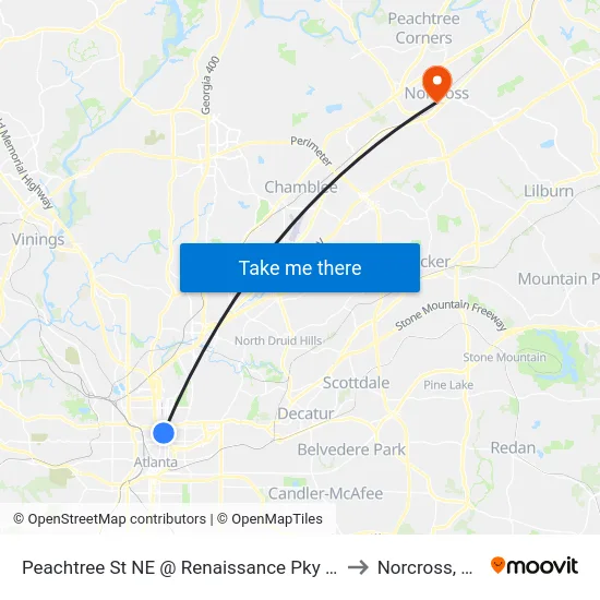 Peachtree St NE @ Renaissance Pky NE to Norcross, GA map