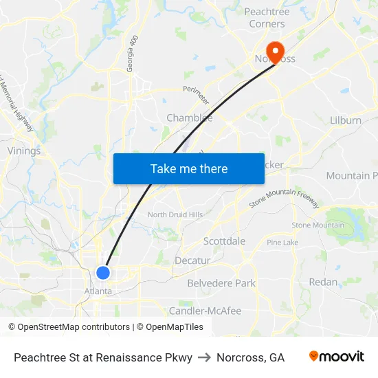 Peachtree St at Renaissance Pkwy to Norcross, GA map