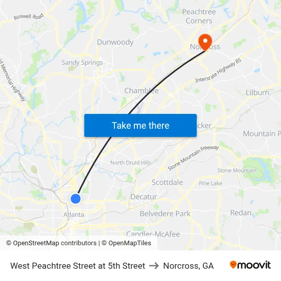 West Peachtree Street at 5th Street to Norcross, GA map