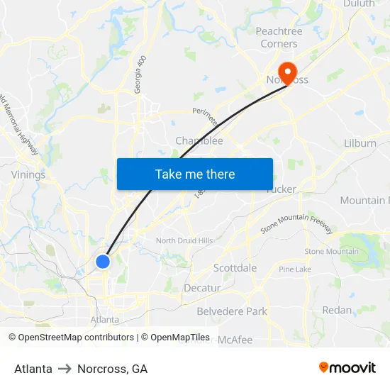 Atlanta to Norcross, GA map