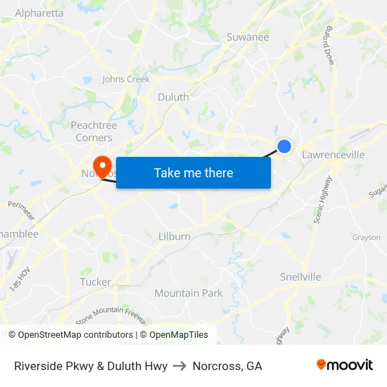 Riverside Pkwy & Duluth Hwy to Norcross, GA map