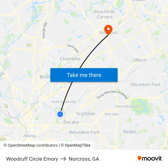 Woodruff Circle Emory to Norcross, GA map