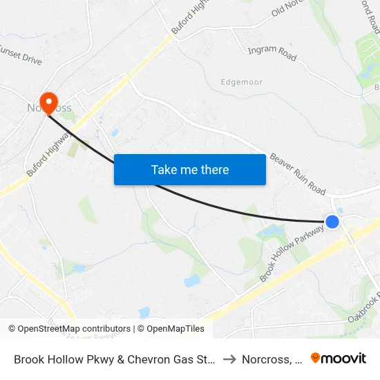 Brook Hollow Pkwy & Chevron Gas Station to Norcross, GA map