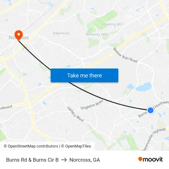 Burns Rd & Burns Cir B to Norcross, GA map