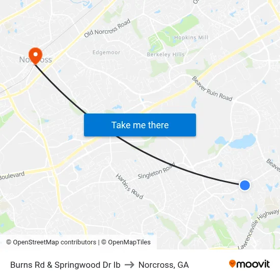 Burns Rd & Springwood Dr Ib to Norcross, GA map