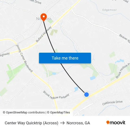 Center Way Quicktrip (Across) to Norcross, GA map