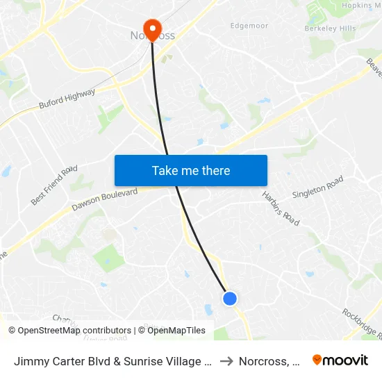 Jimmy Carter Blvd & Sunrise Village Ln to Norcross, GA map