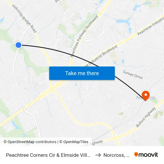 Peachtree Corners Cir & Elmside Villg Ln to Norcross, GA map