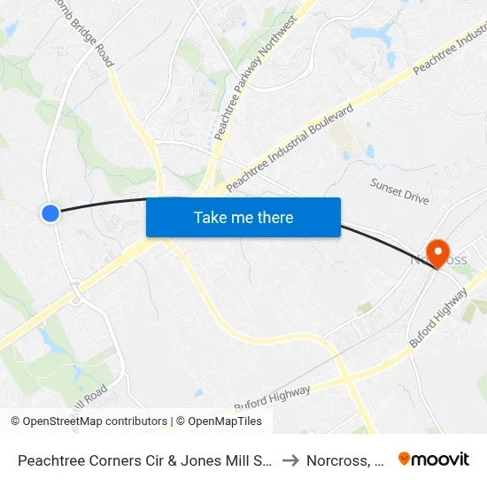 Peachtree Corners Cir & Jones Mill Spur to Norcross, GA map