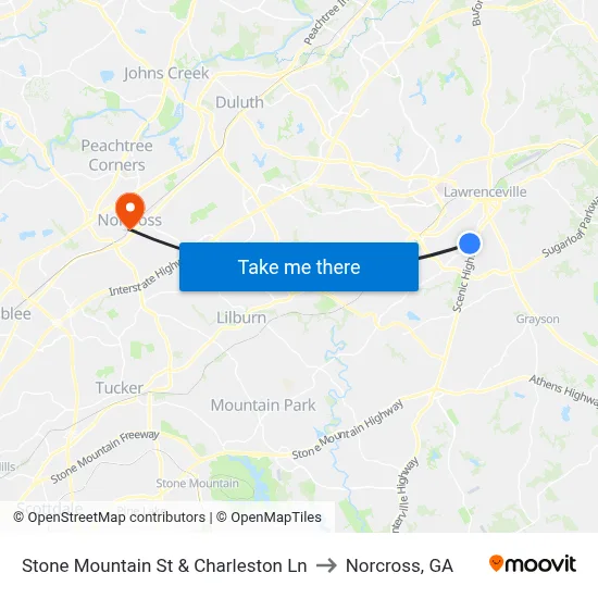 Stone Mountain St & Charleston Ln to Norcross, GA map