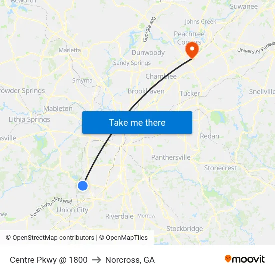 Centre Pkwy @ 1800 to Norcross, GA map