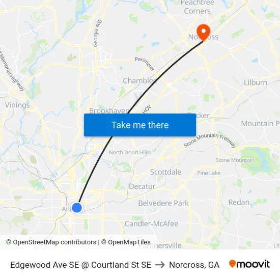 Edgewood Ave SE @ Courtland St SE to Norcross, GA map