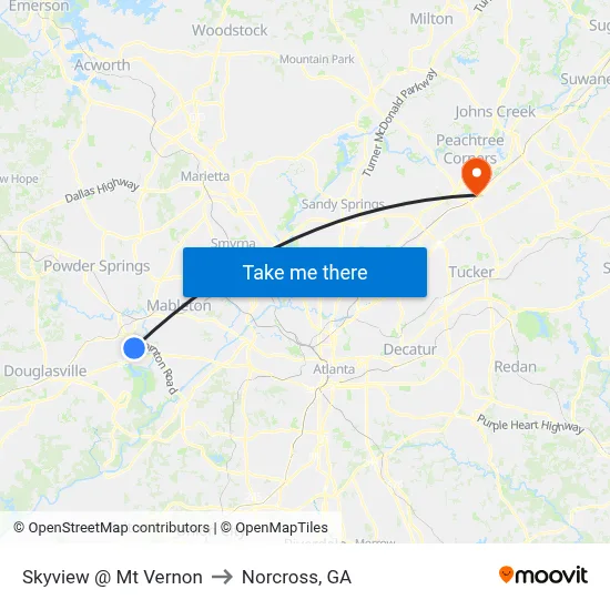 Skyview @ Mt Vernon to Norcross, GA map