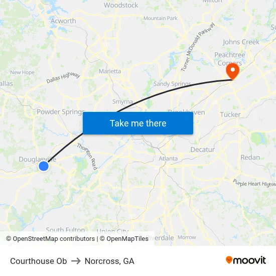 Courthouse Ob to Norcross, GA map