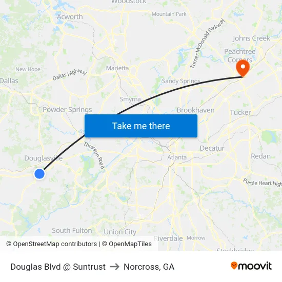 Douglas Blvd @ Suntrust to Norcross, GA map