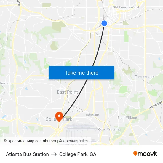 Atlanta Bus Station to College Park, GA map