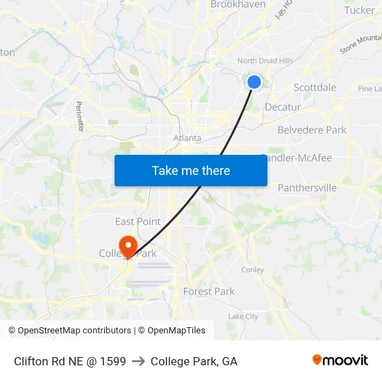 Clifton Rd NE @ 1599 to College Park, GA map